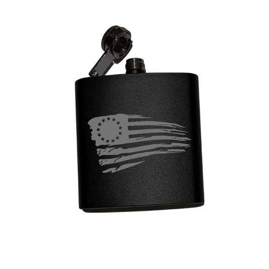 Tattered American Flag with 13 Stars Flask - 1776 - Join or Die - Laser Engraved - Matte Black