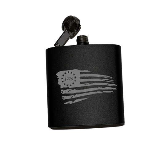 Weathered Flag with 1776 and 13 Stars Flask - Join or Die - Laser Engraved - Matte Black